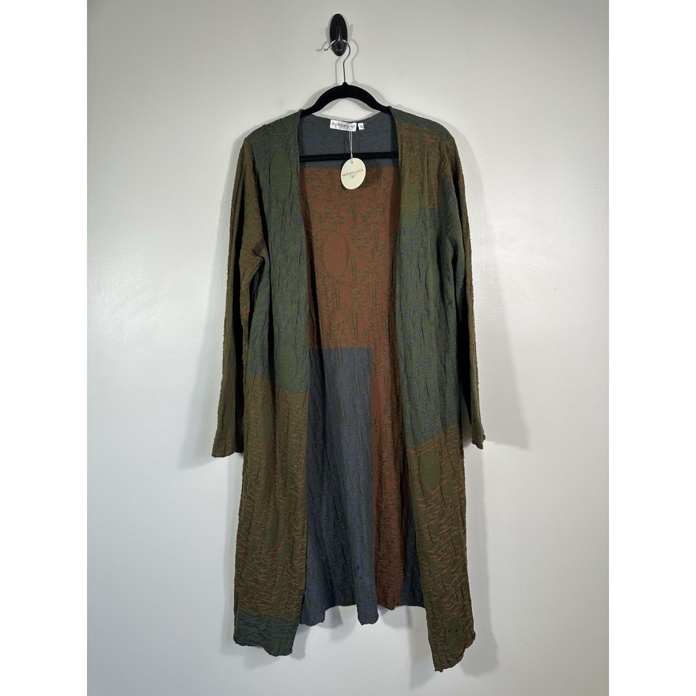 Patrizia Luca Cardigan Womens L/XL Green Blue Linen Cotton Duster Open Front